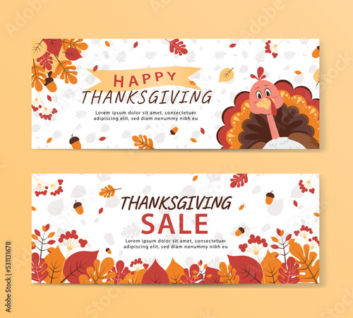 Thanksgiving day promotional cards, banners with turkey character and yellow leaves in flat style vector illustration