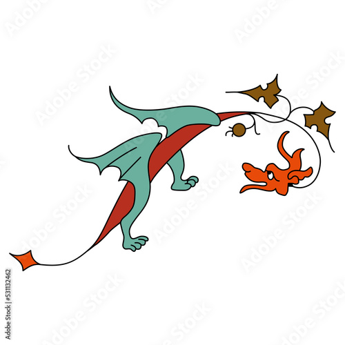 Fantastic medieval winged dragon. Gothic illuminated manuscript style. Isolated vector illustration.