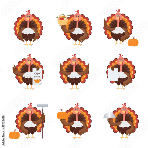 Thanksgiving turkey set, character vector on white background in flat style illustration