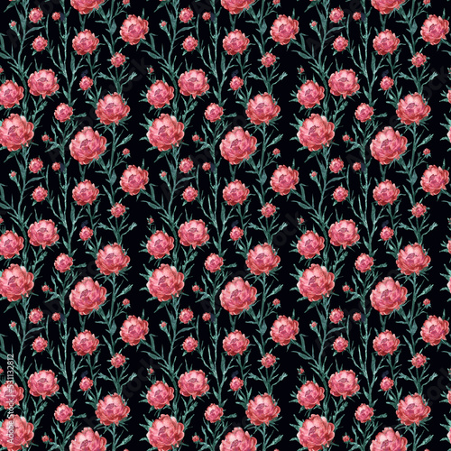seamless pattern with red flowers anemones roses on a black background, floral background, floral illustration for background , hand-drawn illustration