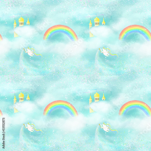 seamless pattern with a unicorn and a rainbow that flies in the sky and scatters stars with a magic wand, hand-drawn illustration