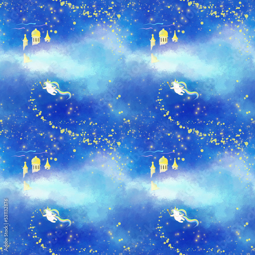seamless pattern with a unicorn flying in the night sky and scattering stars with a magic wand, hand-drawn illustration