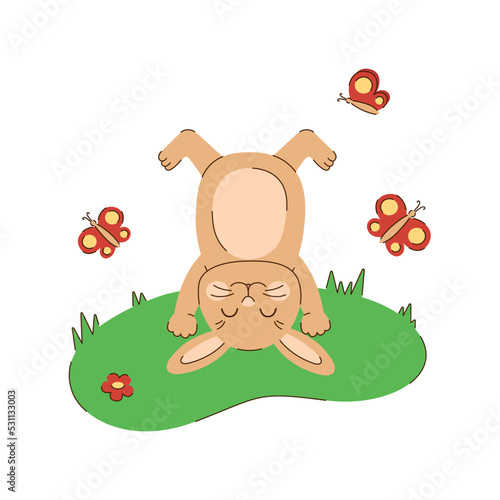 Rabbit standing upside down on the grass. Spring, summer character with butterflies. Cute beige bunny stands on its front paws. Seasonal vector illustration in flat style