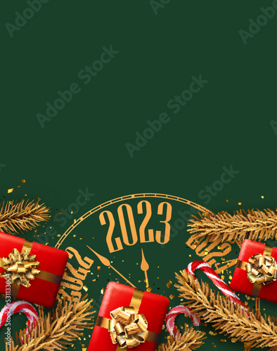 Christmas flatlay composition with clock 2023, gift box, candy cane, confetti, fir branch.