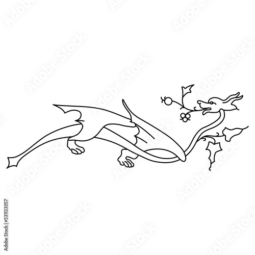 Winged medieval dragon with floral motifs. Black and white linear silhouette. Gothic illuminated manuscript style. Vector decorative element.