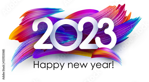 White paper 2023 sign on colorful gradient brush strokes background.