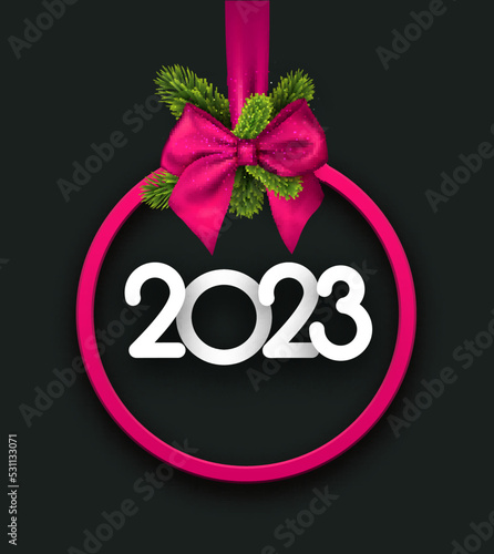 Hanging pink christmas bauble outline with 2023 sign.