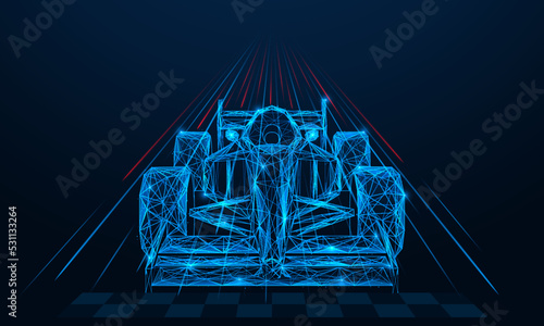 Racing high-speed car before the finish. Polygonal design of interconnected lines and points. Blue background.