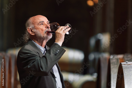 Senior Caucasian tourist, greybeard elegant man tasting red wine in an underground wine cellar of the winery with a long tradition