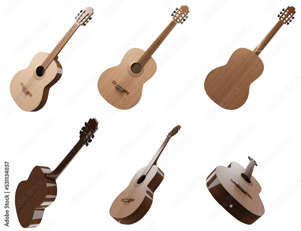 Collection of classical guitar rendered from different angles. Front