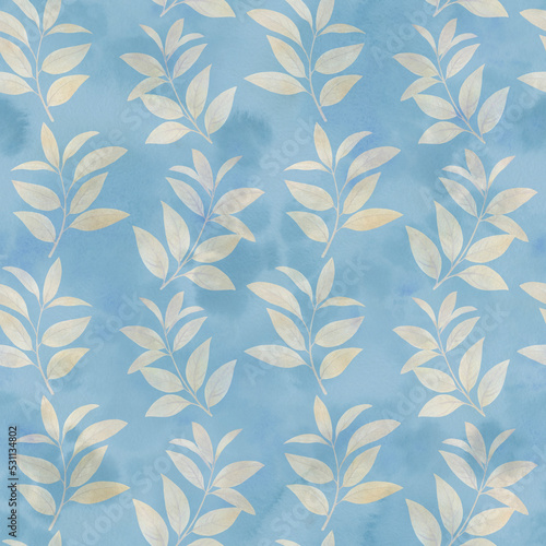Seamless botanical pattern, watercolor leaves on a branch drawn with a brush on paper. Abstract blue background with leaves for design. © Sergei