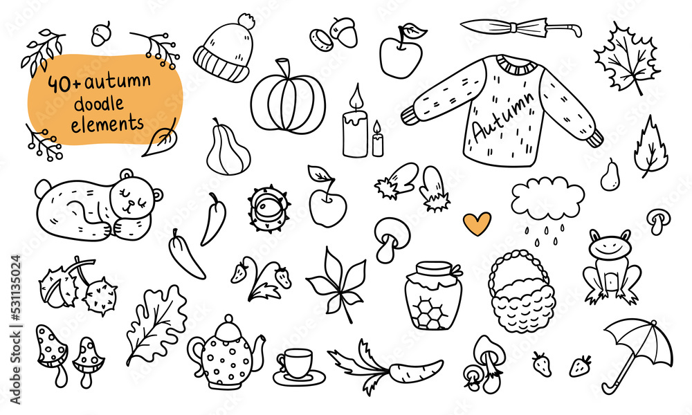 Vector Set of Hand Drawn Cartoon Doodle Autumn Elements Isolated on a White Background. Vegetables, Clothing, Animals, Sweater, Pumpkin, Hat, Mushrooms, Teapot, Honey, Apples, Bear, Carrot, Chestnuts. Vector Set of Hand Drawn Cartoon Doodle Autumn Elements Isolated on a White Background. Vegetables, Clothing, Animals, Sweater, Pumpkin, Hat, Mushrooms, Teapot, Honey, Apples, Bear, Carrot, Chestnuts.