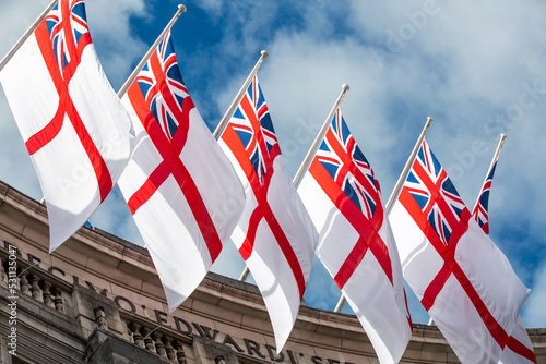 London, UK. British flags on Pall Mall during funeral ceremony of  Queen Elizabeth II photo