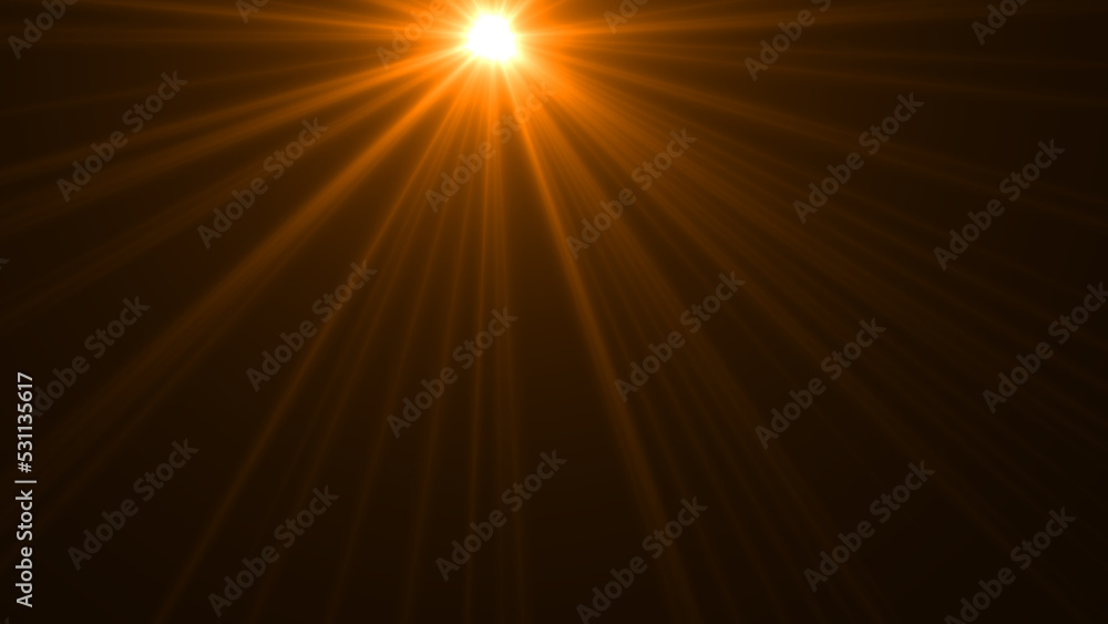 Light ray or sun beam vector background. Abstract gold light sparkle flash spotlight backdrop with golden sunlight shine on black background
