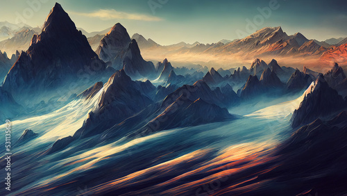 Paper art style — landscape with mountains, sky, flat style.