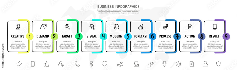 Vector line infographics with nine rectangles. Business concept graphic ...