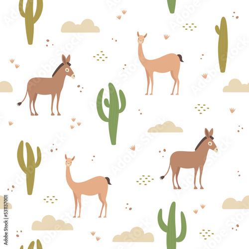 Nature seamless pattern, cactus, vicuña and donkey © Pilar Arias Grení