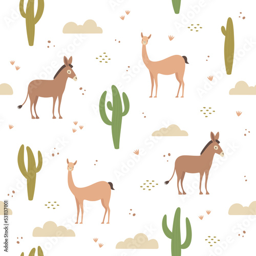 Nature seamless pattern, cactus, vicuña and donkey