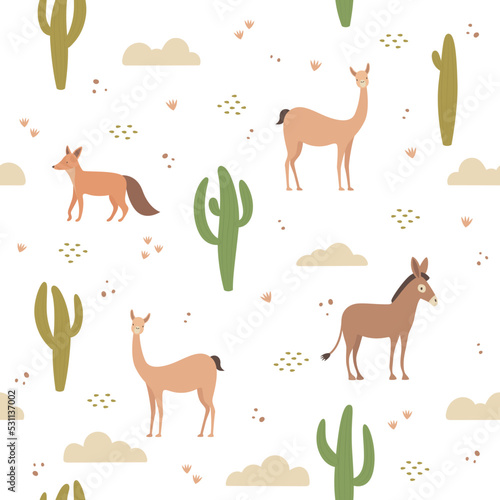Nature seamless pattern, cactus, vicuña, fox and donkey © Pilar Arias Grení