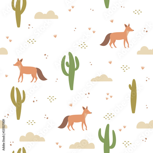 Nature seamless pattern, cactus and fox 