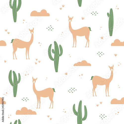 Nature seamless pattern, cactus and vicuñas