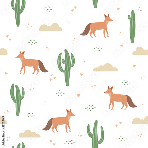 Nature seamless pattern, cactus and fox © Pilar Arias Grení