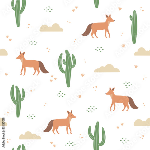 Nature seamless pattern, cactus and fox 