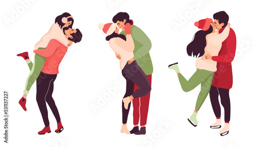 Set of Xmas couples kissing and hugging in winter outfits. Christmas time romantic activities. Men and women in love, Christmas greetings.