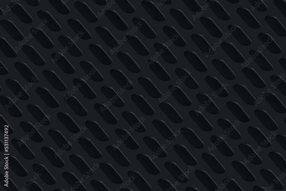 3D illustration background in an orthographic view. Plane with pill shaped holes in a structured order. 3D illustration background in an orthographic view. Plane with pill shaped holes in a structured order.