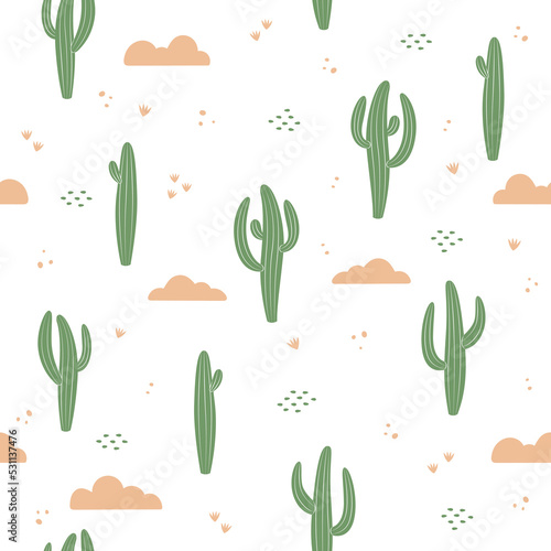Nature seamless pattern, cactus and clouds