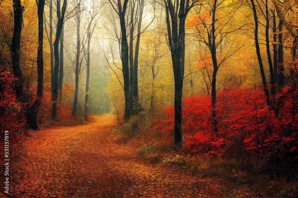 Obraz premium Autumn forest road leaves fall in ground landscape on autumnal background in November. copy space. 3d illustration.