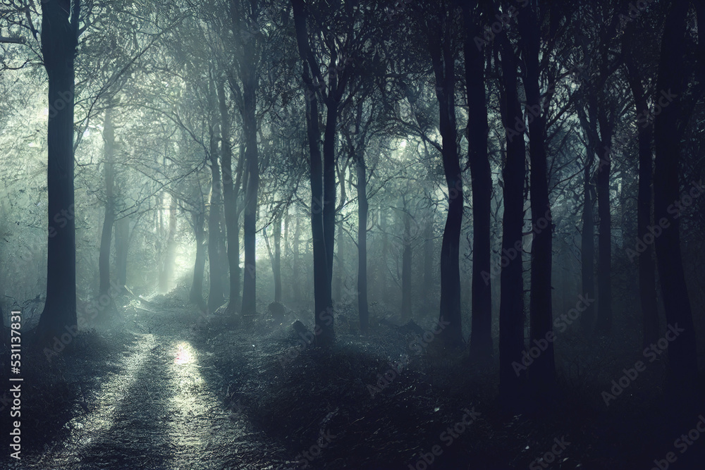 Fototapeta premium Path through a dark forest autumn fog at night. 3d illustration.