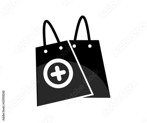 Medical glove with a paper delivery bag logo design. First-aid kit bag, Online shopping. Pharmacy, drug store vector design and illustration.


