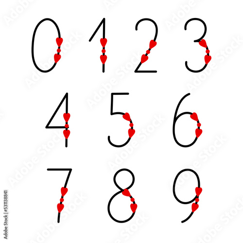 Numbers as a part of alphabet decorated with hearts black and red outline vector illustration, calligraphic abc, cute funny decorative handwriting, handwritten numerals, maths symbols