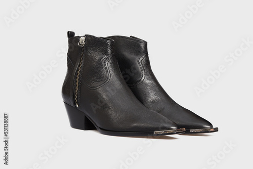 Blank black women's fashion cossack Cowboy boots isolated on white background. Female classic spring autumn shoes with Pointy Toe, heel, zipper. Leather casual footwear. Mock up, template