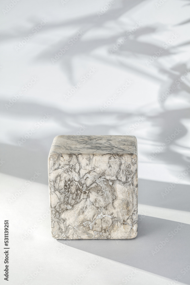 Natural marble and concrete pedestal with dark shadows of leaves. Empty showcase for packaging product presentation. Empty background for cosmetic products. Scene with shadows of leaves. Mock up podiu Natural marble and concrete pedestal with dark shadows of leaves. Empty showcase for packaging product presentation. Empty background for cosmetic products. Scene with shadows of leaves. Mock up podiu