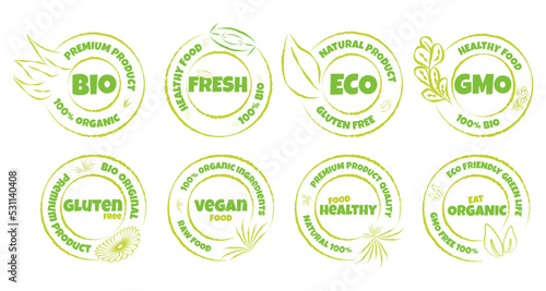 Eco, bio, organic and natural products sticker, label, badge and logo. Ecology icon. 