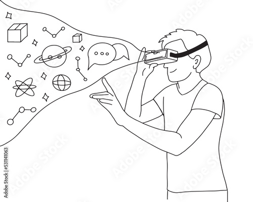 Vector illustration of a person holding virtaul reality glasses. VR technology black and white drawing of man in digital augmented reality. Metaverse minimalist simple concept