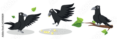 Vector illustration of a cute and beautiful crow on white background. Charming characters in different poses walk on the ground, find a brilliant necklace, sit on branches in cartoon style.
