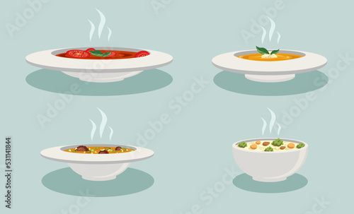 Set of delicious soups in cartoon style. Vector illustration of tomato, mushroom, cheese and cutlet soup on a blue background.