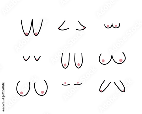 Vector doodle woman breast set. Hand drawn different women breast isolated on white background.