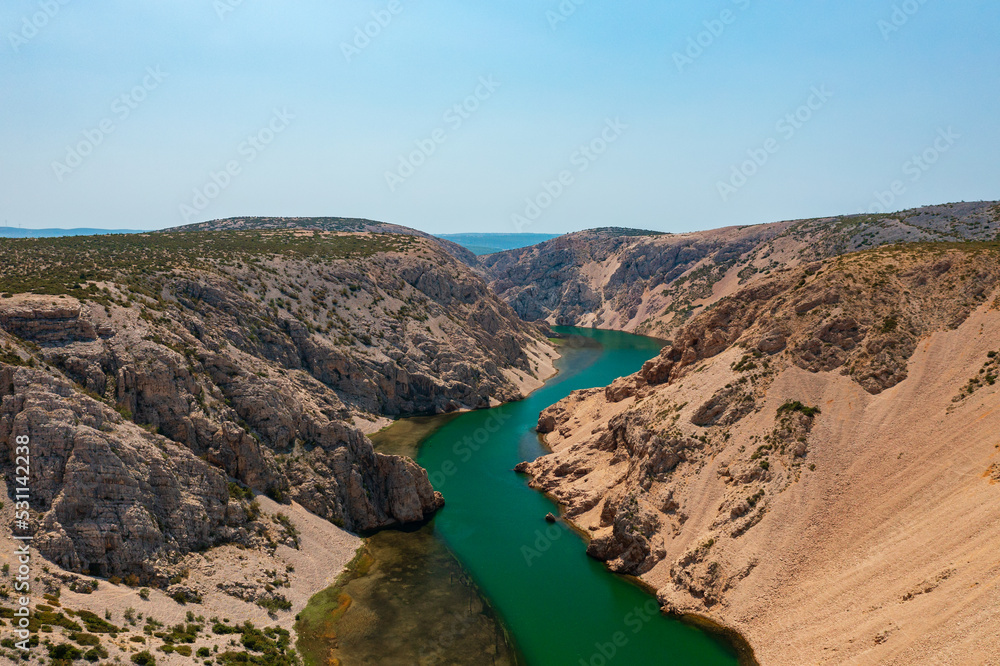 Aerial view about the famous Zrmanja river and canyon in southern Lika and northern Dalmatia, Croatia. The canyon of Winnetou.