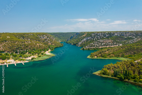 Aerial view about Skradin, a small town in the Sibenik-Knin County of Croatia. It is located near the Krka river and at the entrance to the Krka National Park © János Illési