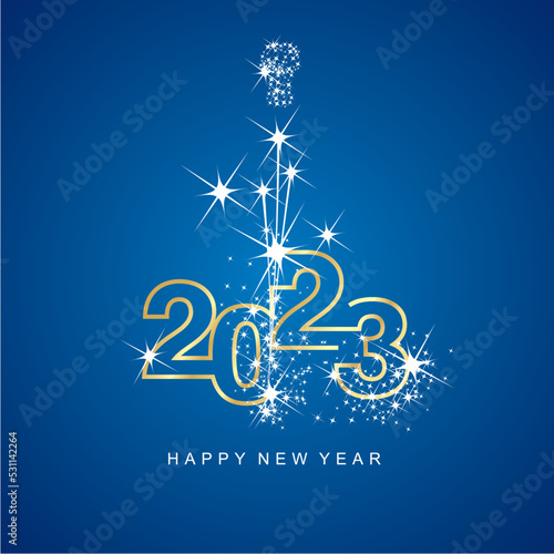 Happy New Year 2023 greetings sparkle firework white line design numbers gold white blue color background