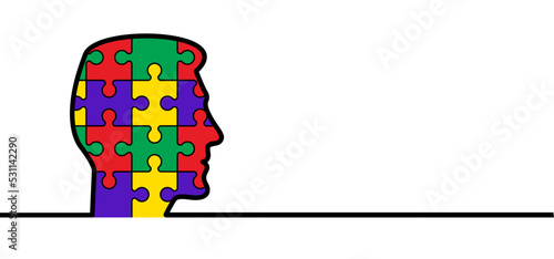 Head, face and jigsaw puzzle pieces. Cartoon autism ribbon. Vector world awareness day. Autism spectrum disorder (ASD) is a neurological and developmental disorder with social skills.