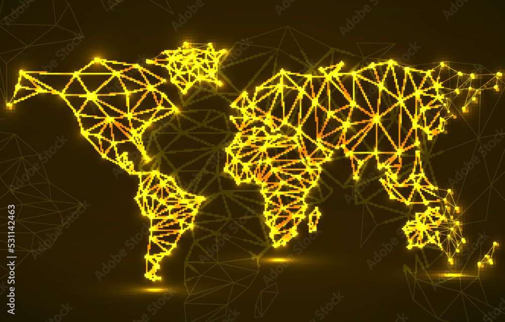 Abstract polygonal world map with glowing dots and lines, network connections