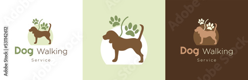 Dog walking service logo design, modern pet care symbol, domestic animal brand identity emblem concept, paw editable commercial logotype, icon set isolated on background
