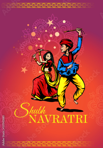 Vector design of Indian couple playing Garba in Dandiya Night Navratri Dussehra festival of India