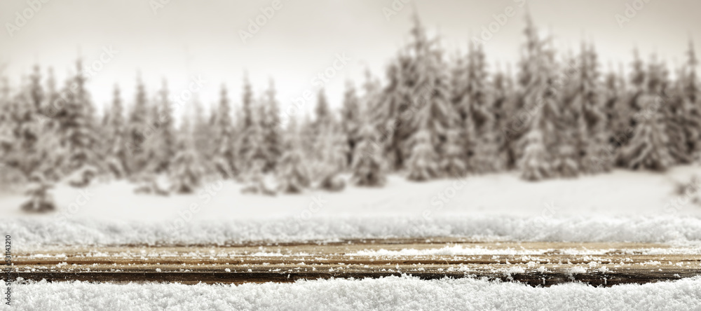Brown desk cover of snow and  winter forest landscape.  - obrazy, fototapety, plakaty 