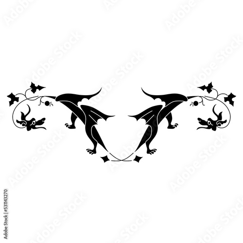 Symmetrical frame with two fantasic dragons. Black silhouette on white background. Medieval illuminated manuscript style.